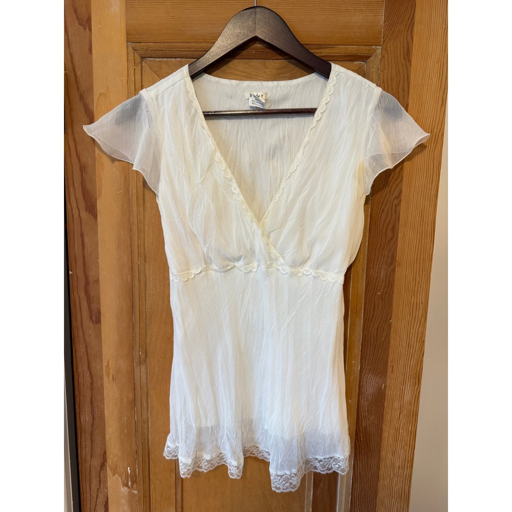 Studio Y White Lace Trim Sheer Flutter Sleeve Y2K Empire Waist Top Small 10050